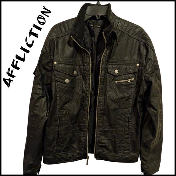 AFFLICTION Black Premium 73 Vegan Leather Zip Up Moto Jacket Zipper Pockets L - Picture 6 of 11